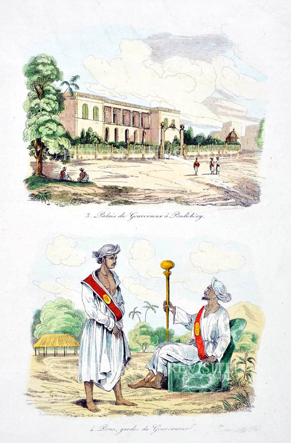 /data/Original Prints/Topography Views, City Views, Landscapes/PALACE OF THE GOVERNOR OF PONDICHERRY - PEONS AND GUARDS OF THE GOUVERNEUR.jpg